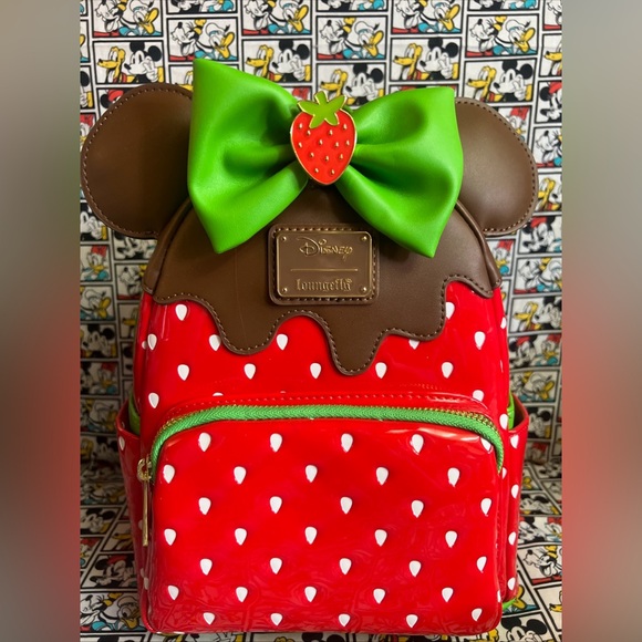 Loungefly Disney Minnie Mouse Chocolate Dipped Strawberry Backpack Ears Set NWT - Picture 4 of 16